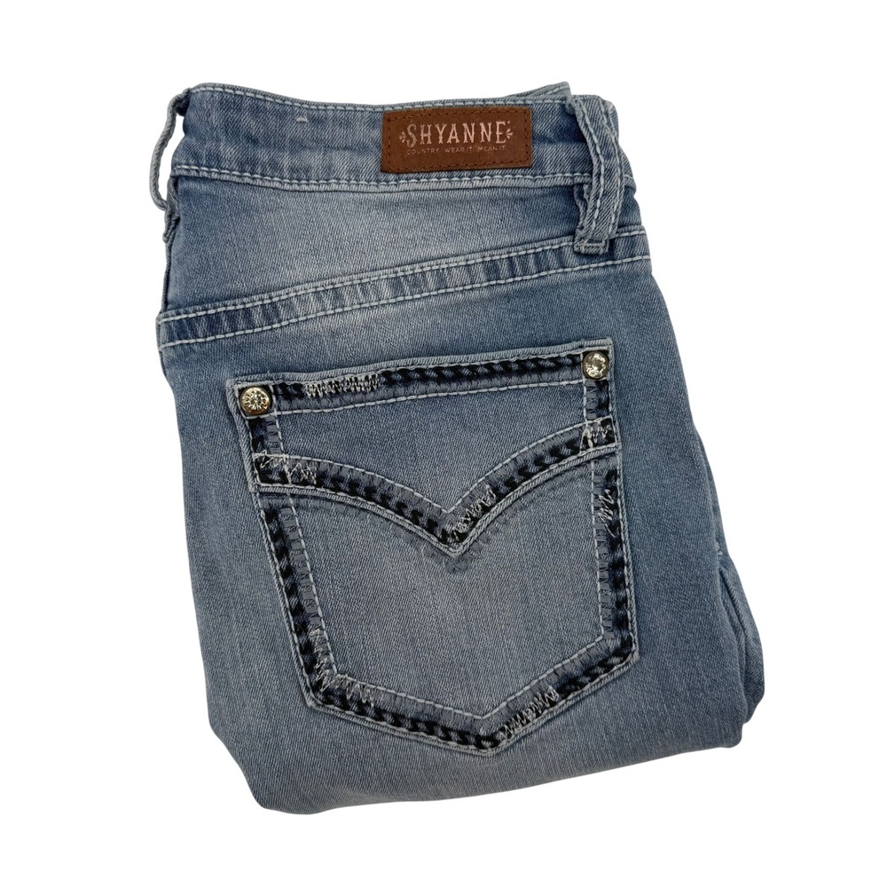 Shyanne Womens Flare Jeans Light Wash Embellished Pocket Blue Size 29 Regular